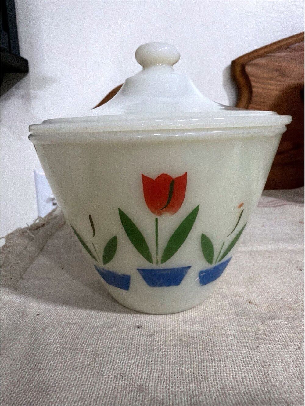 Vintage Fire-King Tulip Milk Glass Grease Jar with Lid 1950's MCM Kitchenware 2